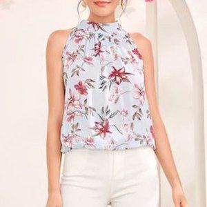 SHEIN FLORAL KEYHOLE BACK HALTER SLEEVELESS BLOUSE